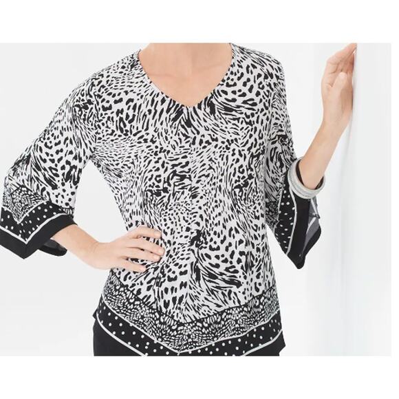 Chicos Dotted Black Animal Asymmetrical Top Size 2 - Picture 1 of 5